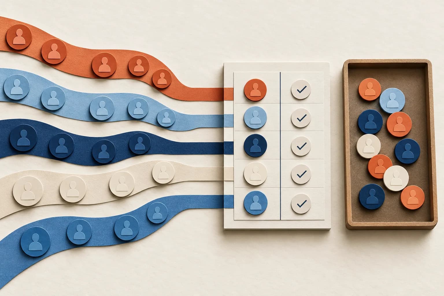 Credit tokens from several journey paths are checked against an outcome ledger, with unmatched tokens kept in a separate tray.