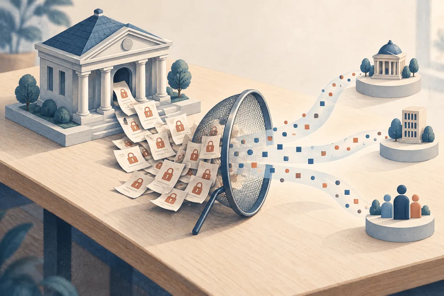 Locked customer records stay behind a filter while only abstract campaign signals continue to destinations. A filter keeps locked customer records at the bank and passes only generic signals onward.