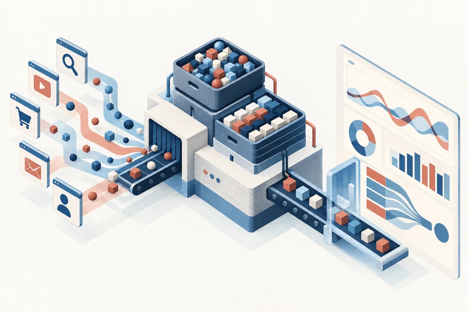GA4 export to BigQuery attribution workflow Browser events pass through separate raw-data and modeled-data trays before reaching a reporting canvas.