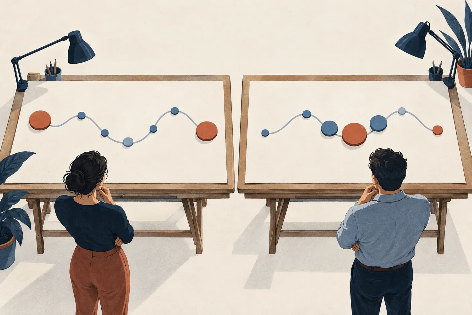 Compare position-based and time-decay credit The same journey appears on two work surfaces with different credit weights assigned to its interactions.