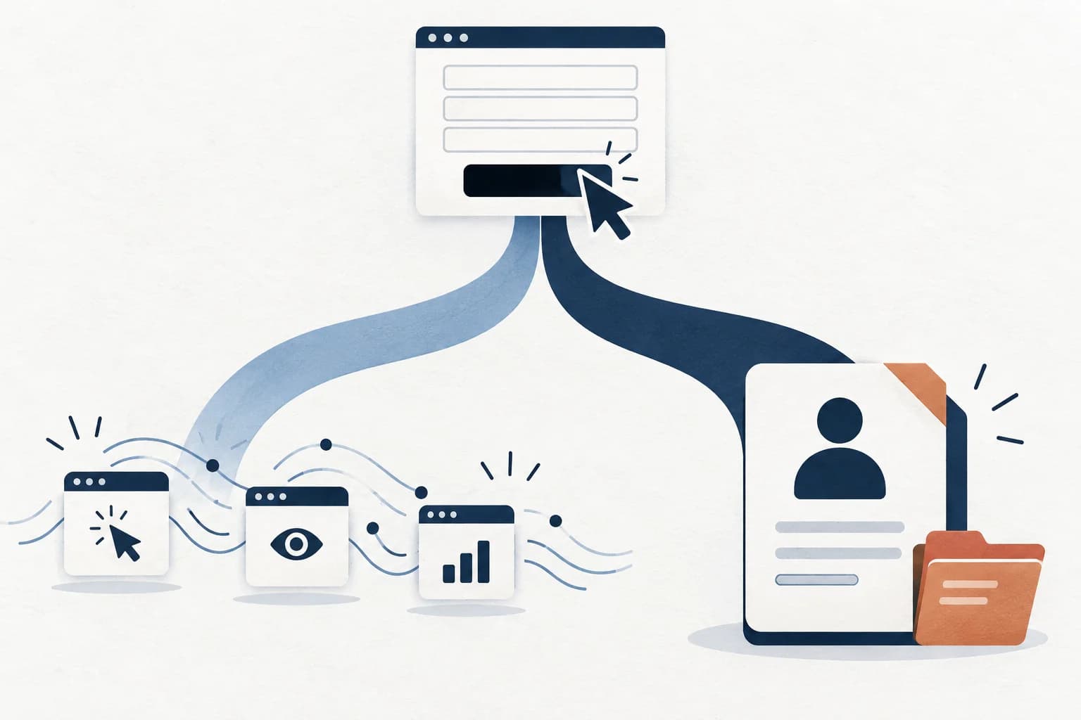 HubSpot contacts vs GA4 form events A website form branches into analytics event signals on one side and a CRM contact card with a deal folder on the other.