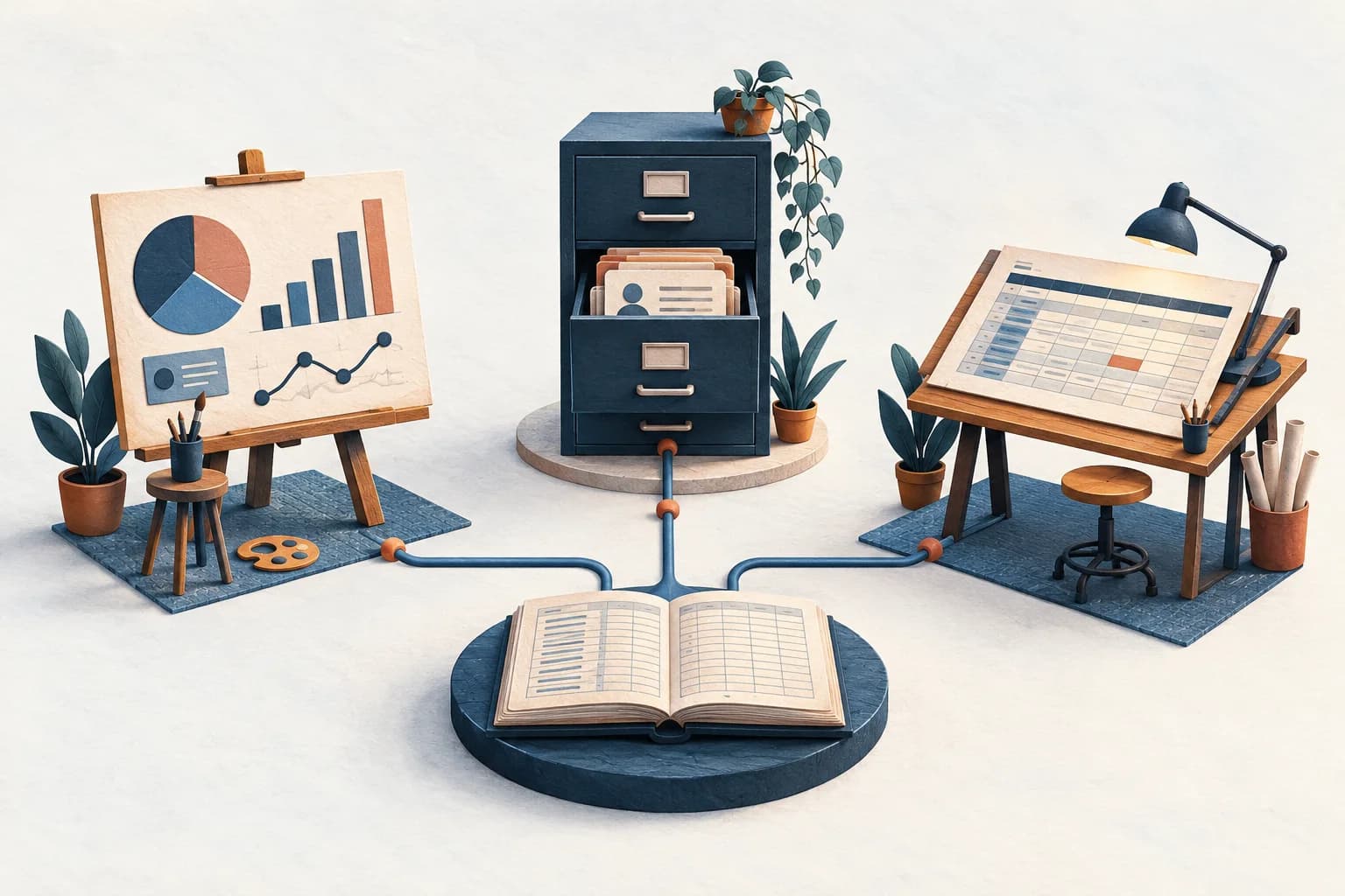 A dashboard easel, CRM cabinet, and spreadsheet table connect to a shared source ledger. Three reporting tools draw from a shared source ledger.