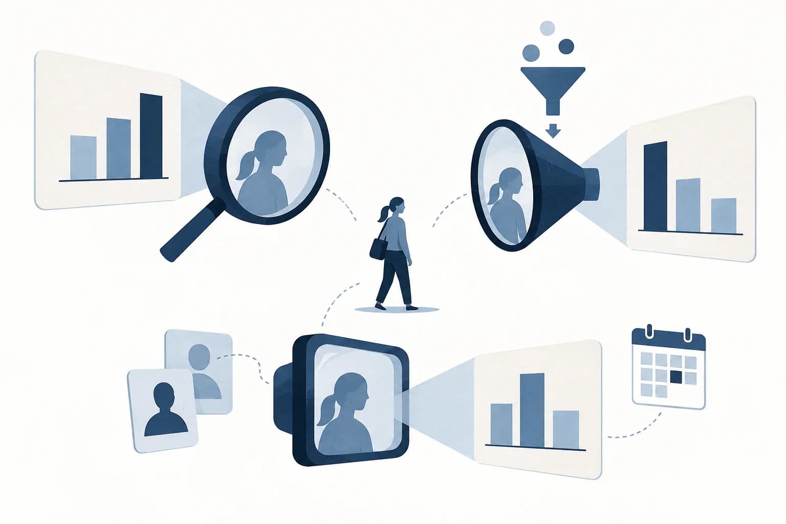 Five causes of marketing reporting discrepancies Three analytical lenses turn one customer journey into different reports, with filters, identity cards, and a calendar.