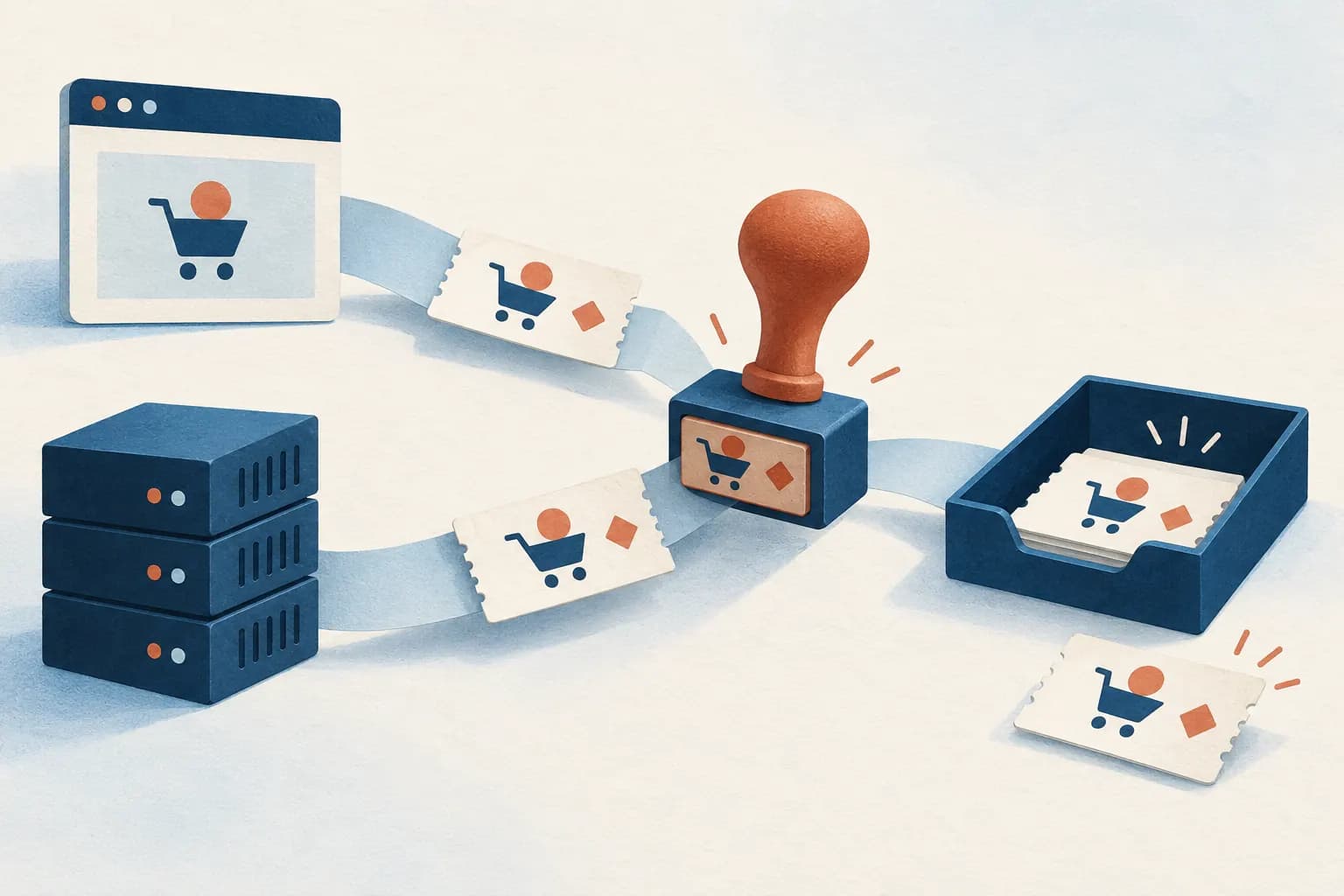 Browser and server copies of one purchase meet at a single stamp, and only one copy is filed. Duplicate browser and server purchase events are matched and counted once.