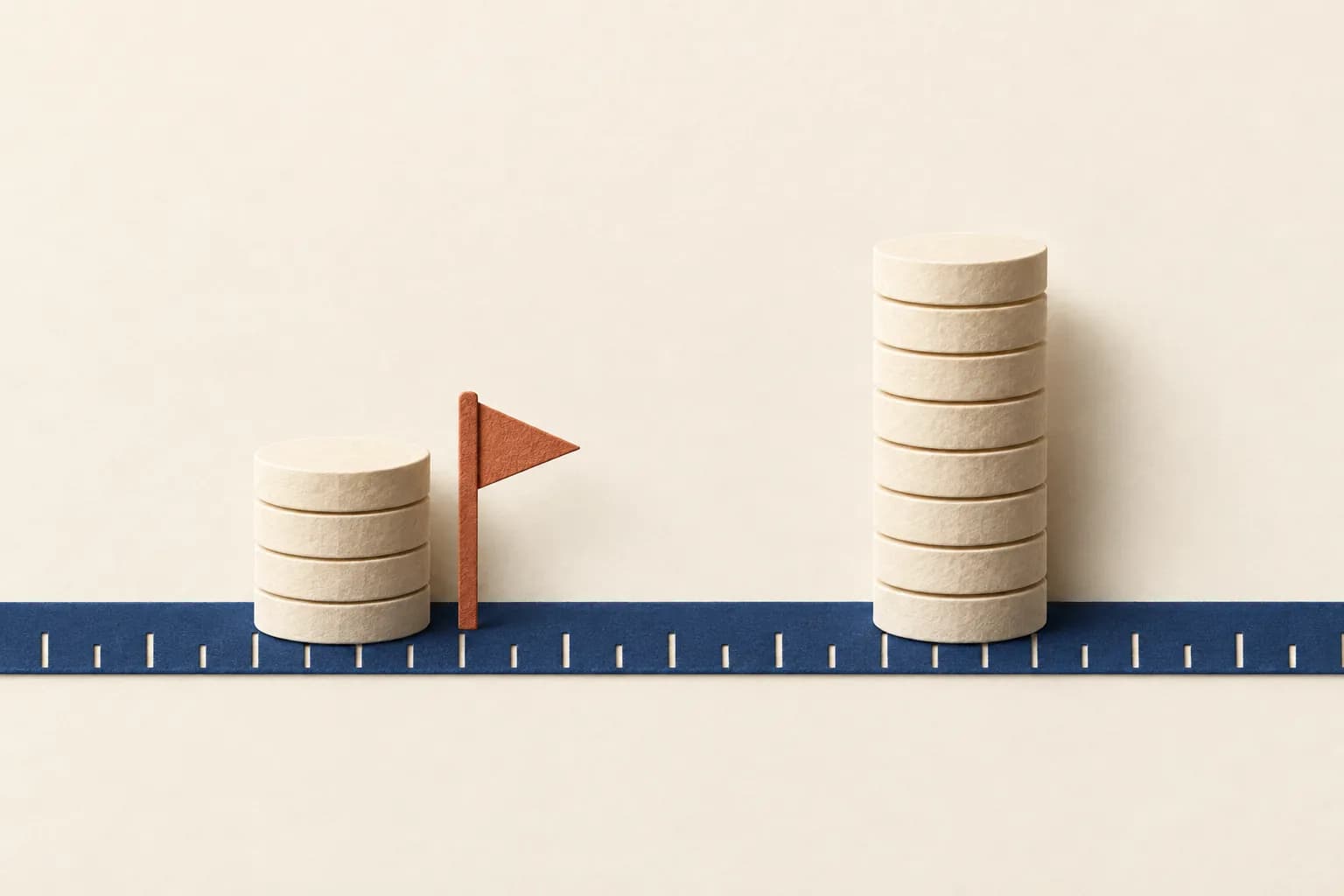 Same ruler, different count Paper-craft illustration of two stacks of cream tokens against one fixed navy ruler: a short stack beside a small terracotta flag marking the baseline, and a taller stack on the right with no flag