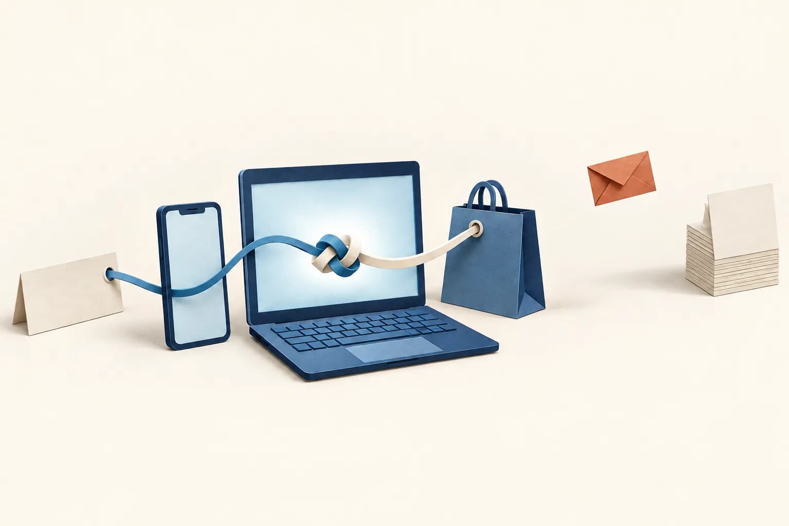 Matching a purchase on the shopper’s device Paper-craft illustration of an ad and a purchase being matched inside a shopper’s device, with only a small signal leaving it